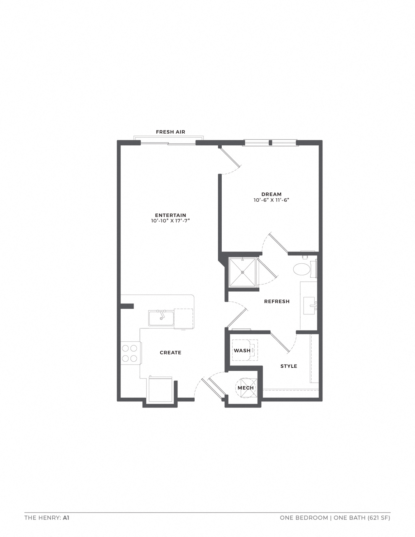 Floor plan for 1 bed, 1 bath, 656 sqft